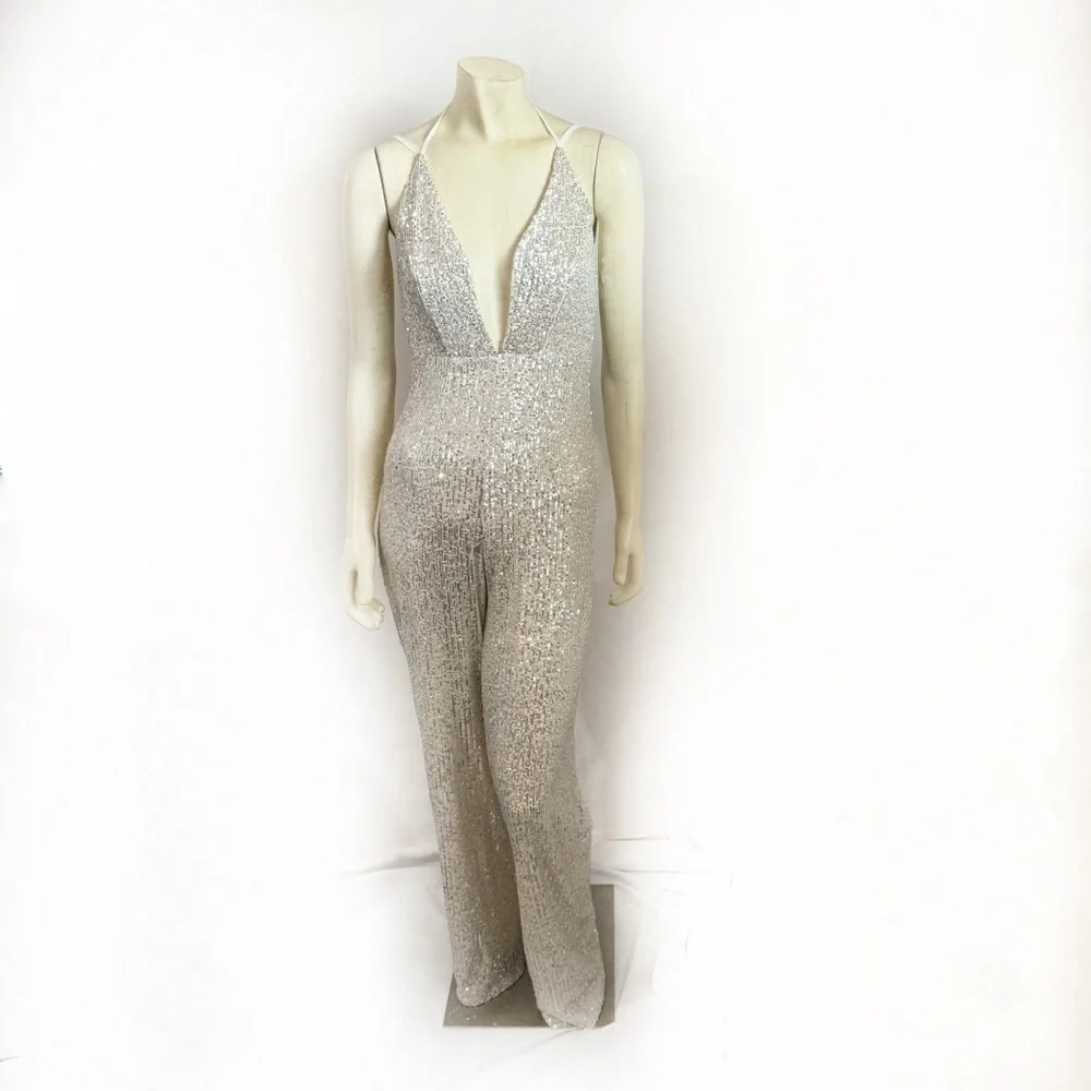 Fashion Nova Party Girl Silver Sequins Jumpsuit Size XS